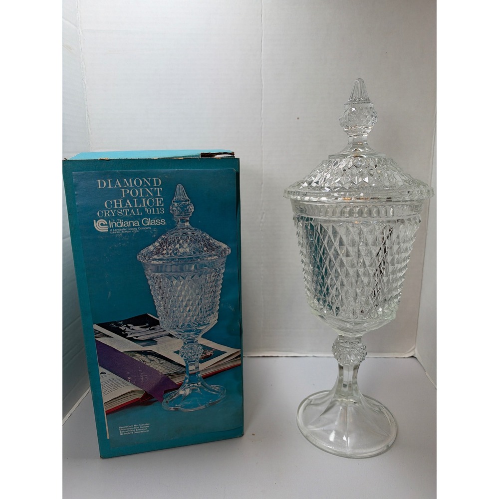 Indiana Glass Diamond Point Chalice Crystal Clear Vintage Lidded Candy Dish 0113